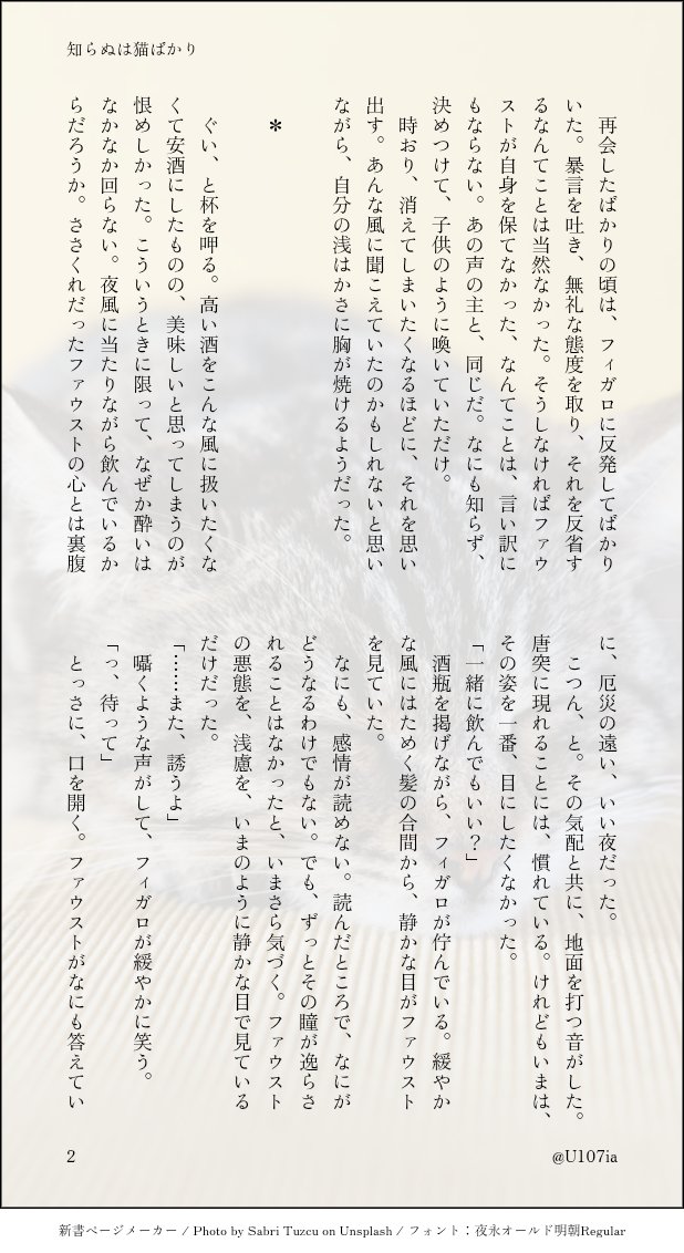 U107ia's tweet photo. フィガファウ
WebオンリーのSNS企画から、
お題「もう一度」「猫」をお借りしています。

酒を飲んだり、猫と過ごしたりして、ほんの少し心が軽くなったある夜の話。 時系列は二部直後くらいです。
(1/2)

#流星雨の季節に https://t.co/PrvujbsKli