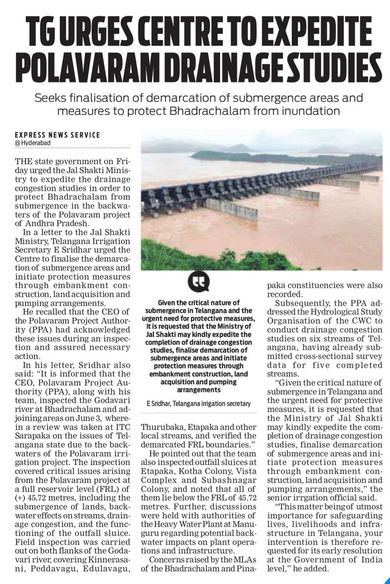 revanthannanews's tweet photo. 💥 #Telangana steps up efforts to protect Bhadrachalam from #Polavaram backwaters
🔹Centre urged to expedite drainage congestion studies
🔹Submergencezones to be finalised forprotective measures
🔹Embankments,land acquisition&amp; pumping arrangements sought
#Bhadrachalam #Irrigation https://t.co/DO60aCZ0m3