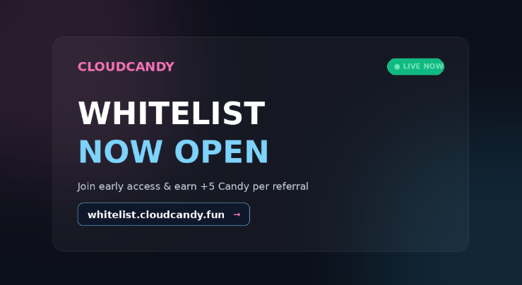 CloudCandyfun's tweet photo. CloudCandy Whitelist is Officially LIVE! ☁️🍬

Secure your spot now and start collecting your Candies early:  https://t.co/EfGC6afgnC

Referral Perks: 
• Invite friends & get +5 Candy for every friend who joins using your link. 

• Want to earn more Candy? Visit https://t.co/xoWJnYK2jt to unlock extra rewards!

Join before spots fill up.