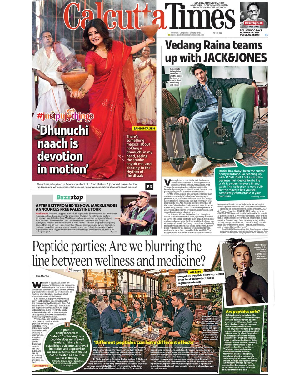 Calcutta_Times's tweet photo. Today's P1: Sandipta Sen joined us for a festive shoot ahead of Pujo; Peptide parties: are we blurring the line between wellness and medicine?

Read: https://t.co/Tfmw68Wnvs
.
.
.
#SandiptaSen #festiveshoot #kolkata #CalcutaTimes https://t.co/DyKR8wc0PD