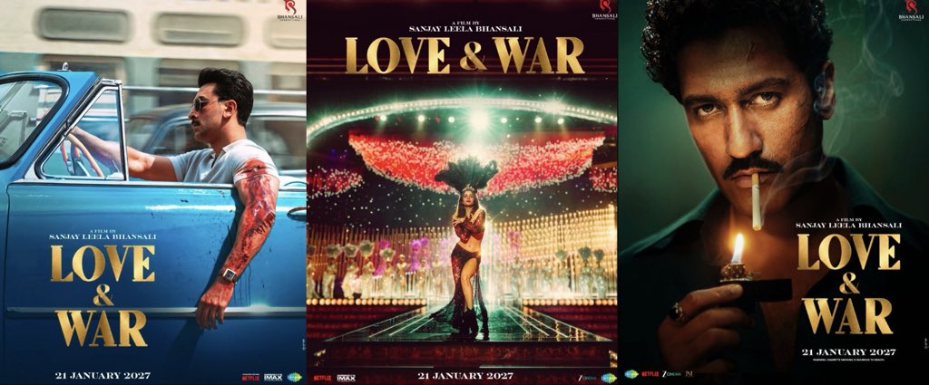 chalkalaana's tweet photo. The difference between Ranbir, Alia, and Vicky’s posters is clear. Both miya biwi got banger, heavy looking posters, while Vicky’s frame is so plain, with a green background and a cigarette. It’s just his aura saving the poster. https://t.co/yAdpFa8BWq