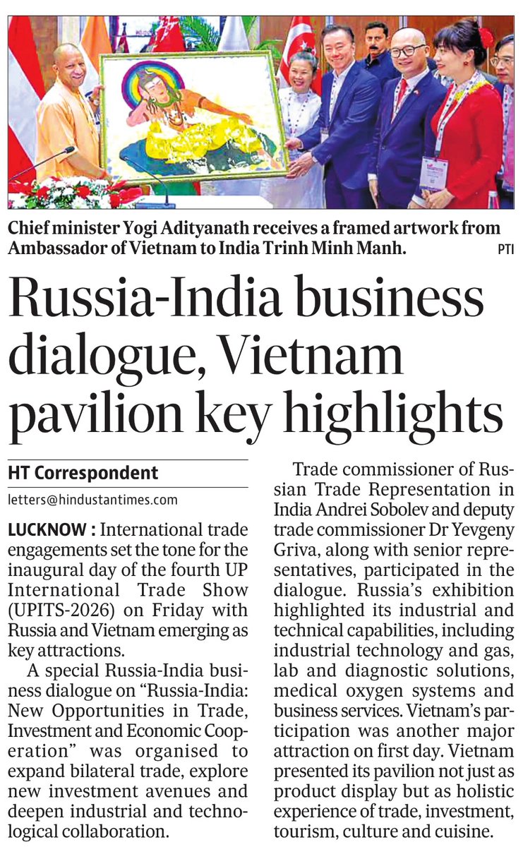 _InvestUP's tweet photo. UPITS 2026 is strengthening Uttar Pradesh’s international trade and investment connect, with Russia and Vietnam emerging as key participants. A special Russia–India Business Dialogue explored opportunities in trade, investment and economic cooperation, while Russia showcased its capabilities in industrial technology, healthcare and business services. 
Vietnam’s pavilion highlighted opportunities across trade, investment, tourism, culture and cuisine. The participation is creating avenues for business partnerships, technology collaboration and new investment opportunities in Uttar Pradesh.

For more details, read the attached news article.

#UPITS2026 #InvestUP #UttarPradesh #GlobalTrade #Investment #RussiaIndia #Vietnam #BusinessOpportunities #ViksitUP

@FollowCII @UPSIDA  @UPGovt  @CMOfficeUP @IndiaESA @ASSOCHAM4India @phdchamber @NandiGuptaBJP @investindia @ficci_india @nasscom