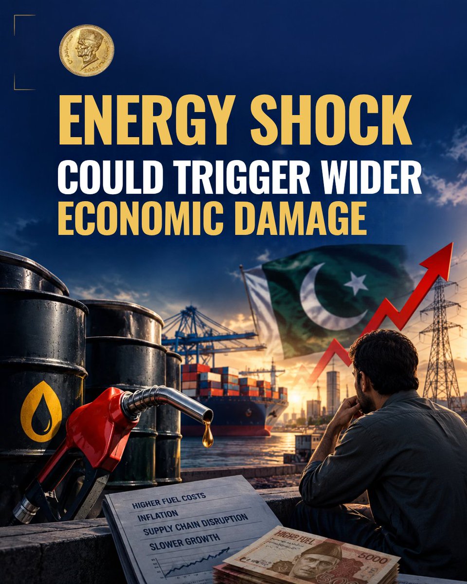 Paknomicss's tweet photo. ⚠️ An energy shock doesn’t stop at the fuel pump.
For Pakistan, higher energy costs can mean pressure on:
⛽ Fuel
⚡ Electricity
🚚 Transport
🍞 Food
📈 Inflation
One global shock. Multiple hits. 🇵🇰
#Pakistan #Economy https://t.co/cuqPOvmSWJ