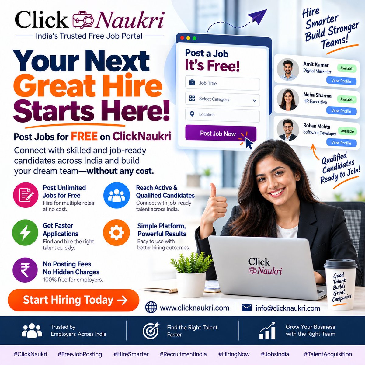 ClickNaukri's tweet photo. ✨ Your Next Great Hire Starts Here! 🚀

🔹 Post unlimited jobs at no cost
🔹 Reach active and qualified candidates
🔹 Get faster applications
🎯 Find the right talent faster. Hire smarter. Build a stronger team.
👉 Start hiring today: https://t.co/fLy15trnOF

#ClickNaukri #job https://t.co/TjHYwDVqRI