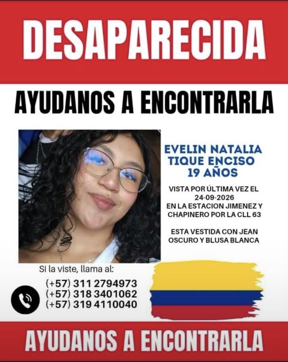 BluRadioCo's tweet photo. Una joven de 19 años, identificada como Evelin Natalia Tique, fue reportada como desaparecida. Según reporta su familia, la vieron por última vez el jueves 24 de septiembre en el sector de Chapinero en Bogotá. #VocesySonidos https://t.co/Vwq9d0WRmi