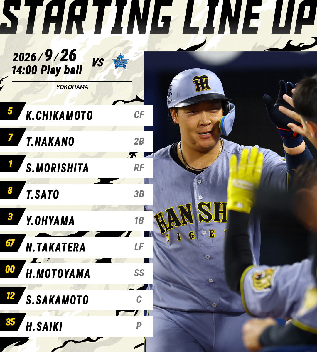 TigersDreamlink's tweet photo. 【9月26日 DB-T 公式戦】
本日のスタメン発表！
関西弁応援実況は公式モバイルサイトで！
https://t.co/YktP4xrLpe
#阪神タイガース
#熱覇 https://t.co/9Z6SC91GyT