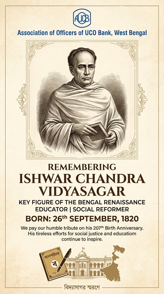 AOUCBWB's tweet photo. Remembering #IshwarChandraVidyasagar , a key figure of the #BengalRenaissance | Educator | Social Reformer, on his 207th Birth Anniversary. 
“Bless us with courage and determination to continue our fight against all the injustices.”🙏🏻@AOUCBWB @aiboc_in @MyAnandaBazar @DFS_India https://t.co/0hmnDodODU