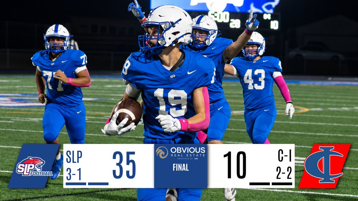 SLPPantherFB's tweet photo. Panthers run away with it in the second half, forcing multiple turnovers (with a pick 6️⃣‼️) and a strong passing attack to compliment the run game, beating the Bluejackets 35-10 to celebrate Homecoming and support Tackle Cancer Night! https://t.co/qw82y6X8Fw