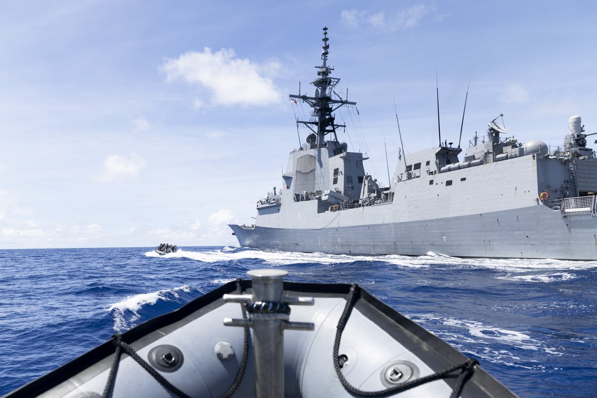 DefenceAust's tweet photo. Shared skies and swapped decks 🌤️

Following Exercise Pacific Vanguard, HMAS Sydney and JS Fuyuzuki came together off 📍 Guam for Exercise Nichi-Gou Trident. 

Through aviation operations, maritime warfare serials, personnel exchanges and ship-handling activities, the @Australian_Navy and @JMSDF_PAO sharpened their combined warfighting readiness and reinforced the close partnership that supports regional security and stability. 🚢

Read more 🗞️ https://t.co/ev9uVTJCWp

#YourADF #AusNavy #StrongerTogether