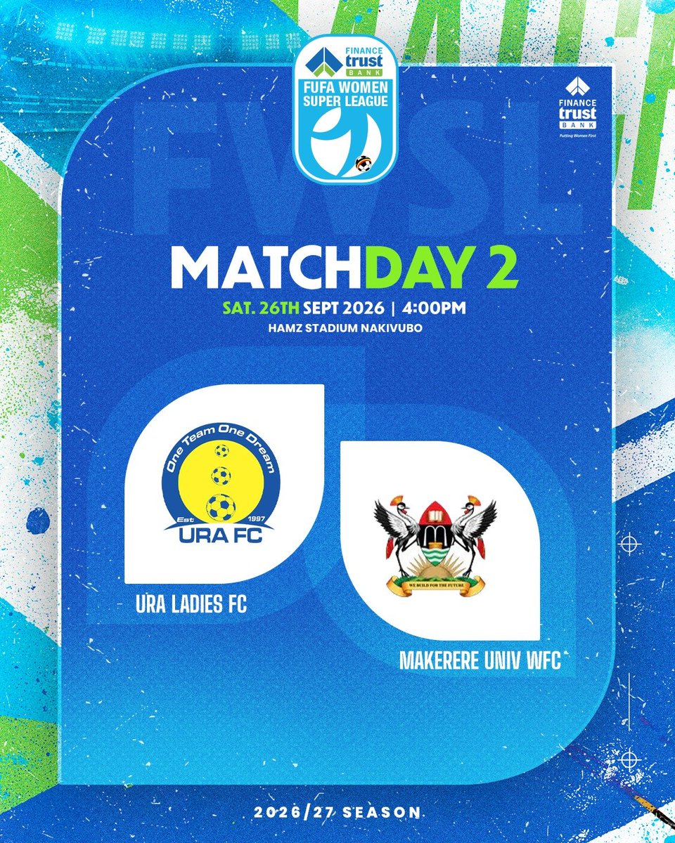 FUFAWSL's tweet photo. Matchday!

KCCA Women FC face St. Noa Girls FC at MTN Omondi Stadium, while Jinja United WFC host She Corporate FC in Iganga.

She Maroons FC take on defending champions Kawempe Muslim LFC at Muteesa II Stadium Wankulukuku, while URA Ladies FC face Makerere Univ. WFC at Hamz Stadium Nakivubo.

#FTBFWSL | #WomenFootballUG