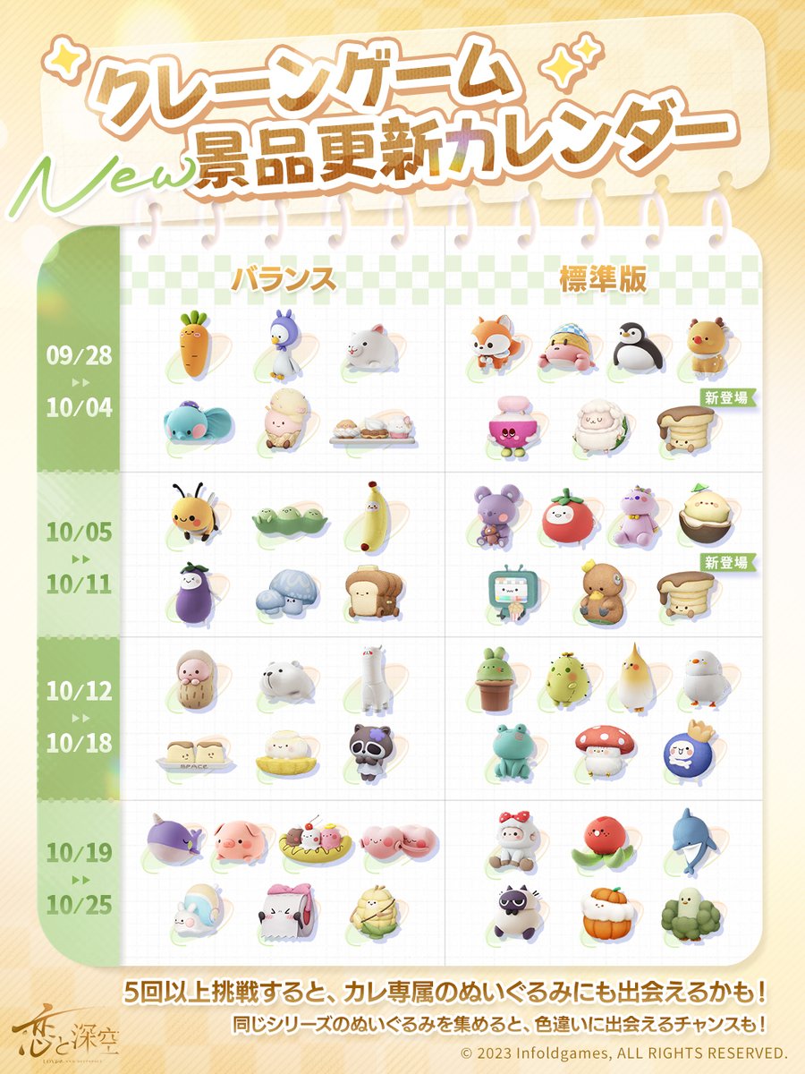 LoveDeepspaceJP's tweet photo. 【楽しいお出かけ：クレーンゲーム】

景品のぬいぐるみの9/28-10/25の入荷内容をお知らせ致します✨

ふぁっしょんモロコシは今後の定期更新の常駐対象になります🌽
10/19-10/25にクレーンゲームで登場予定です❣

カレとのお出かけの際の情報にお役立て下さい📝

#恋と深空 https://t.co/grypb9KF0M