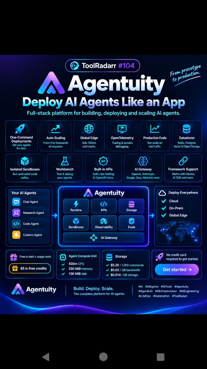 Tool_radarr's tweet photo. ToolRadarr #104 🚀

Agentuity is a full-stack platform for deploying AI agents.

Runtime + APIs + storage + sandboxes + observability + evals + AI Gateway — with autoscaling and global edge deployment.

🎁 $5 free credits
Usage-based pricing.

#AI #AIAgents #AITools #AgenticAI https://t.co/wc2hnjf5zr