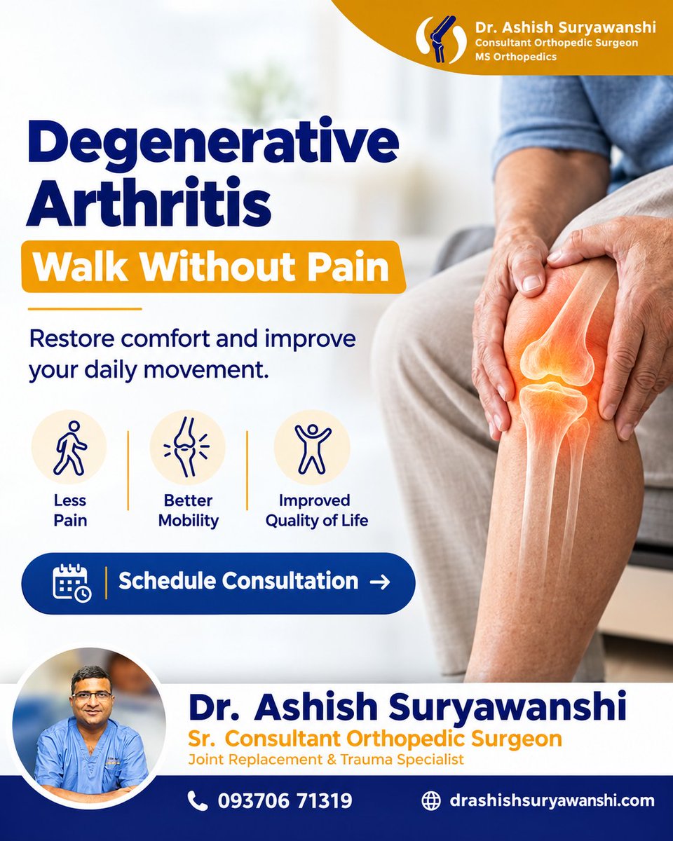 ashish_surgeon's tweet photo. Knee arthritis shouldn’t hold you back. 🦵 Stay active with the right orthopaedic care and treatment for better mobility and joint health.

#DrAshishSuryawanshi #KneeArthritis #JointPain #OrthopedicCare #JointHealth #Mobility #Pune https://t.co/hG3w4UtUQU