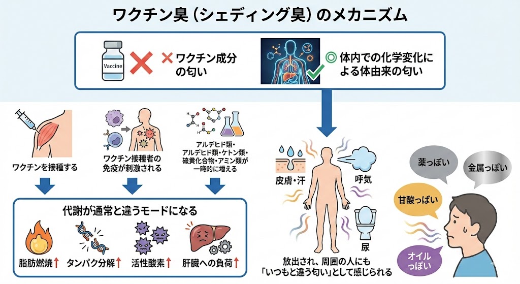 kazu_uracorona's tweet photo. ワクチン臭（シェディングの臭い）が何だか分からない人へ

「ワクチン臭」や「シェディング臭」と呼ばれるものについて、ワクチンそのものの成分が直接におっているのではなく、接種後に体内で起こる代謝や化学的な変化によって普段とは異なる体臭が生じるということです。

ワクチン接種によって免疫が刺激されることで、脂肪燃焼やタンパク質分解、活性酸素の増加、肝臓への負担などが通常とは異なる状態になり、その結果、アルデヒド類、ケトン類、硫黄化合物、アミン類などの物質が一時的に増えます。

それらの物質が汗や皮膚、呼気、尿などを通して体外へ放出されることで、周囲の人が「薬っぽい」「金属っぽい」「甘酸っぱい」「オイルっぽい」といった、普段とは違うにおいとして感じることがあります。

注）
・ワクチン接種者全員がにおっているわけではない
・ワクチン臭を感じる人と感じない人は個人差がある

ワクチン臭のにおいを感じるかどうかと、シェディングの症状が現れるかどうかは別の話。

・ワクチン臭だけを感じる人もいる
・においは感じないけど症状だけ出る人もいる
・ワクチン臭と症状が両方ある人もいる