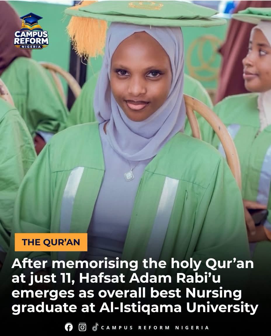 Miss_Halimatu's tweet photo. Hafsat Adam Rabi’u has emerged as the overall best graduating Nursing student at Al-Istiqama University, Sumaila, after an academic journey that began with a remarkable achievement in Qur’anic memorisation. 📖🎓🏆

At just 11 years old, Hafsat became a Hafizah after leaving school at JSS1 to dedicate herself to memorising the Holy Qur’an.

Although stepping away from formal education once made her question whether she had put her academic dreams on hold, she later returned to school and continued her educational journey, eventually pursuing Nursing at Al-Istiqama University.

Her dedication paid off as she emerged as the best graduating student in her department, while also receiving recognition as the best pre-clinical student and best clinical student.

Reflecting on her journey, Hafsat described what she once considered a delay as part of Allah’s plan for her, expressing gratitude for the opportunity to hold on to the Qur’an while also fulfilling her dream of becoming a healthcare professional.

From becoming a Hafizah at 11 to graduating as a top-performing Nursing student, Hafsat’s journey is a remarkable blend of Qur’anic commitment and academic excellence. 📖🩺🏆

Alhamdulillah. 🤍

Share your thoughts in the comments and congratulate her on this achievement. 👏🏽