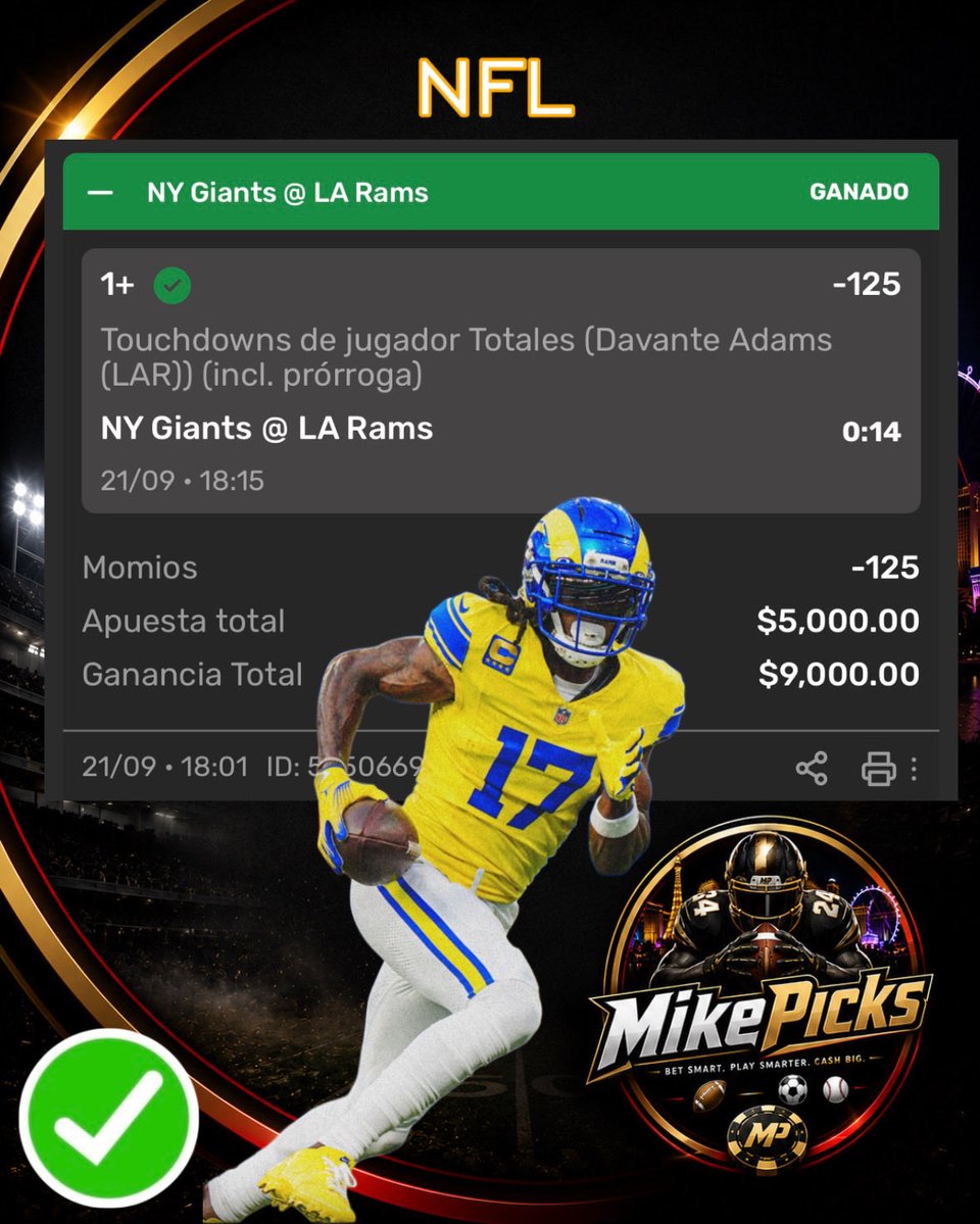 MikePicksNFL's tweet photo. Cobramos con los Anotadores de Touchdown y no podía ser otro que Davante Adams ✅✅✅✅ para darnos el verde e ir a cajas 🔥🏈🔥🏈
.
.
.
#rams #LosAngeles #davanteadams https://t.co/fGt0JXoZuO