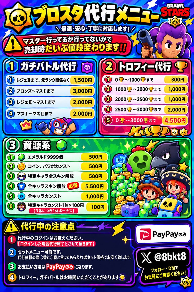 8bkt8's tweet photo. 🪎ブロスタ代行メニュー🪎
ご依頼はdmから
トロフィー、ガチバトルはお時間頂くことがあります。

ご依頼お待ちしております🔥

#ブロスタ #ブロスタパス 
#ブロスタ代行 https://t.co/AuUm39FyjI