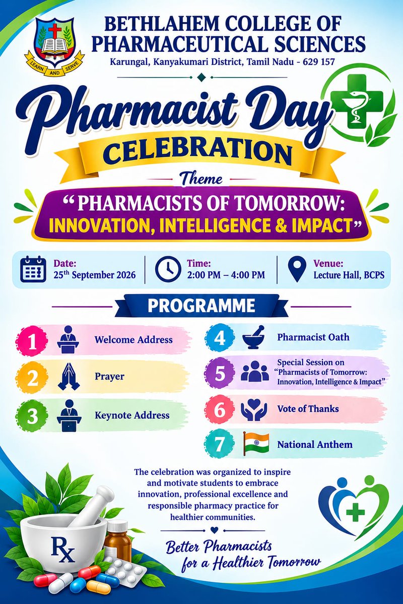 BethlahemPharma's tweet photo. Bethlahem College of Pharmaceutical Sciences, Karungal, celebrated World Pharmacists Day with enthusiasm and active participation from students and faculty members. The programme highlighted the vital role of pharmacists in promoting safe and effective healthcare. https://t.co/TGy61XDzp5