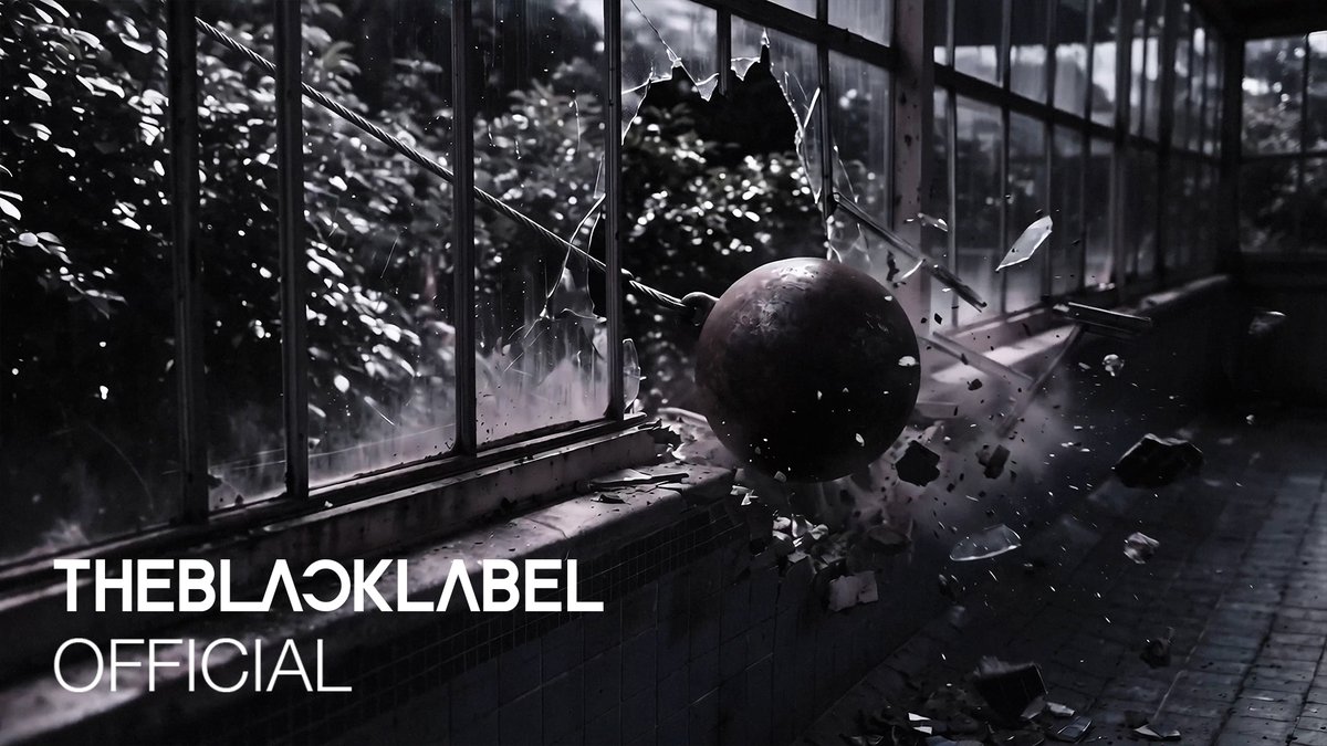 The image depicts a dark, atmospheric scene of a shattered glass window in an abandoned hallway, with debris flying through the air as a metallic sphere crashes through it. The text "THEBLACKLABEL OFFICIAL" appears in the bottom left corner, representing the agency's branding for ALLDAY PROJECT's upcoming "CRASH" EP album sampler announcement.