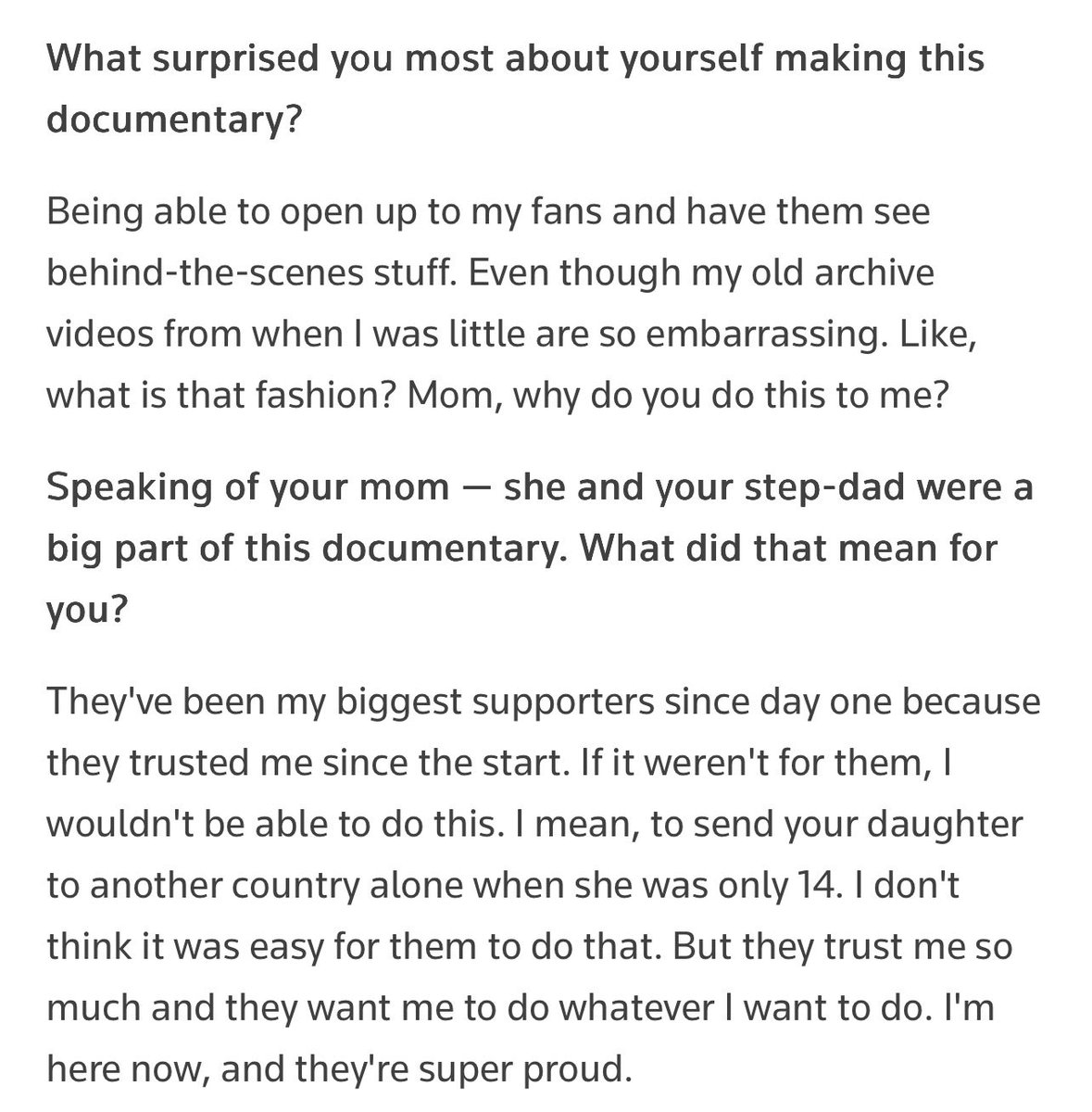 LaliceUpdates's tweet photo. .@Reuters: What surprised you most about yourself making this documentary?

#LISA: Being able to open up to my fans and have them see behind-the-scenes stuff. Even though my old archive videos from when I was little are so embarrassing. Like, what is that fashion? Mom, why do you do this to me?

R: Speaking of your mom — she and your step-dad were a big part of this documentary. What did that mean for you?

L: They've been my biggest supporters since day one because they trusted me since the start. If it weren't for them, I wouldn't be able to do this. I mean, to send your daughter to another country alone when she was only 14. I don't think it was easy for them to do that. But they trust me so much and they want me to do whatever I want to do. I'm here now, and they're super proud.

@wearelloud 
#AlwaysLalisa
