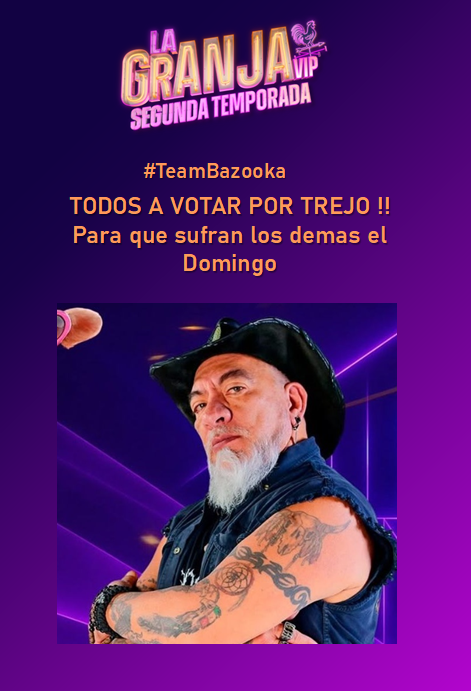 ajimenez1584's tweet photo. #TeamBazooka !!! A VOTAR POR TREJO !!! para que sufran en el otro equipo !!! JAJAJAJA !!!
#LaGranjaVIPMX #Lagranjavip #Lagranjavp https://t.co/xY686yMH1G