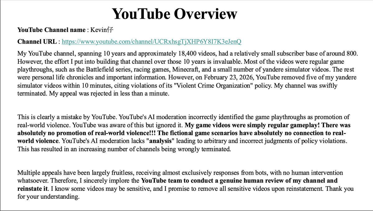 kevinkwok8312's tweet photo. @TeamYouTube, You can't continue ignoring my request; a genuine human review is needed to restore my channel. My YouTube channel was terminated by mistake. I've lost 10 years of hard work on this channel. I miss my channel terribly; it was very important to me. Thank you. https://t.co/pDTMlw5M5W