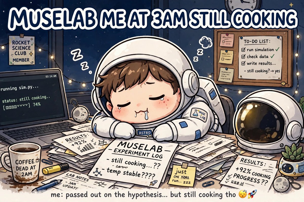 MuselabRH's tweet photo. ME AT 3AM STILL COOKING 😴

When you said "one more experiment" 5 hours ago...

Zzz... still cooking...

https://t.co/a124soqjOd

$MUSELAB https://t.co/mmG7iowBB7