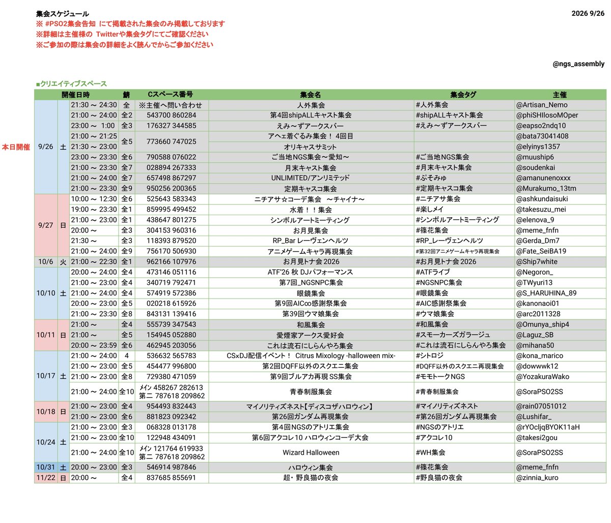 ngs_assembly's tweet photo. #PSO2集会告知 

【9/26更新】
PSO2集会告知タグに掲載されている集会予定一覧です

※ 全シクリスペでの開催は鯖名の併記をお願いします
※ 各集会の詳細はPSO2集会告知又は、各集会タグをご参照ください https://t.co/V1dpItttl7