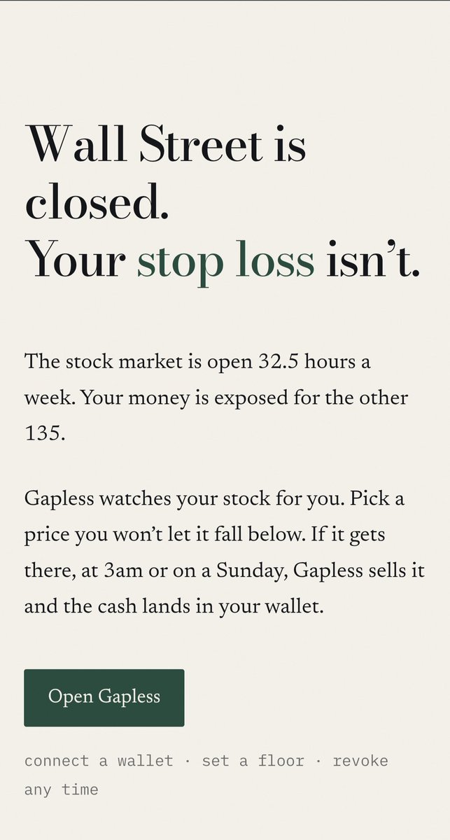 sheislideeyah's tweet photo. Sunday, 06:45 UTC. Wall Street had been shut 35 hours.

NVDAx fell through a floor I set the day before and stayed there three checks running. Gapless sold it while I slept.

It holds a floor and a ceiling for all 65 hours. Arm one yourself:

https://t.co/wsDf6TjNSw https://t.co/uZORwlfPuA