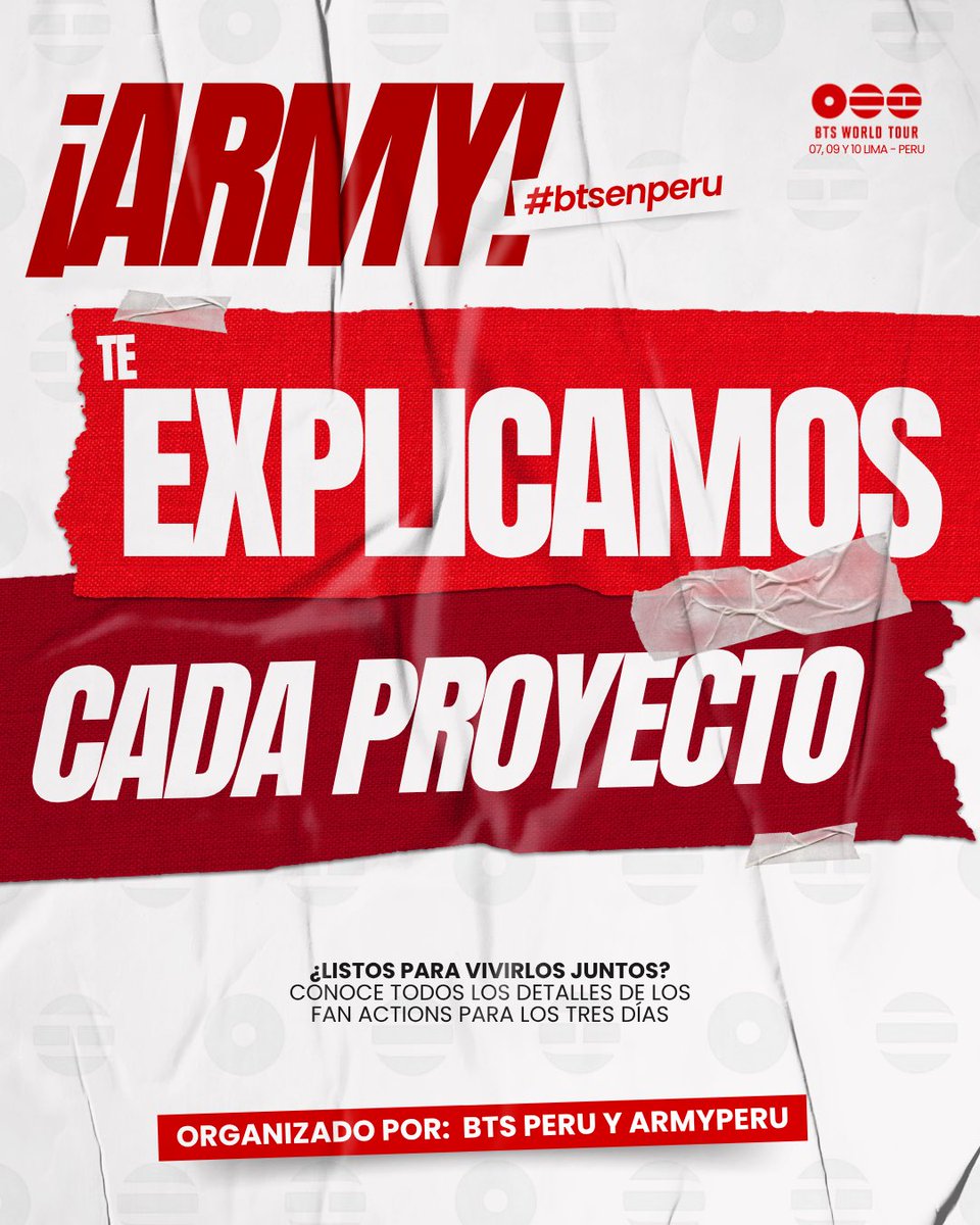 bts_peru1's tweet photo. 💜 ARMY, YA ESTÁN AQUÍ NUESTROS FAN ACTIONS PARA LOS TRES DÍAS DE CONCIERTO.

Cada fecha tendrá momentos especiales que hemos preparado para vivir juntas esta experiencia y acompañar a BTS durante su paso por Lima. 🇵🇪✨

En esta publicación encontrarás todos los detalles de cada dinámica: en qué consiste, cómo participamos y, sobre todo, cuándo será el momento indicado para cada fan action.

📖 Lee cada pieza con atención y revisa la información correspondiente a tu fecha. Queremos que todas podamos disfrutar estos momentos y vivirlos juntas de la mejor manera.

Y si algún detalle no queda del todo claro en las publicaciones, no te preocupes: próximamente estaremos compartiendo videos explicativos de cada fan action para que podamos tener toda la información a nuestro alcance. 👀💜

Nos vemos muy pronto en el concierto🇵🇪😍

Organizado por @bts_peru1 y @btsarmy_peru , en colaboración con @ARMYSpotifyPeru @ARMYiTunesPeru @peruviarmy_twt y @Pjmusas_Events 

#BTSenPerú #BTS #ARMYPerú #BTSPerú #BTSWORLDTOURARIRANG