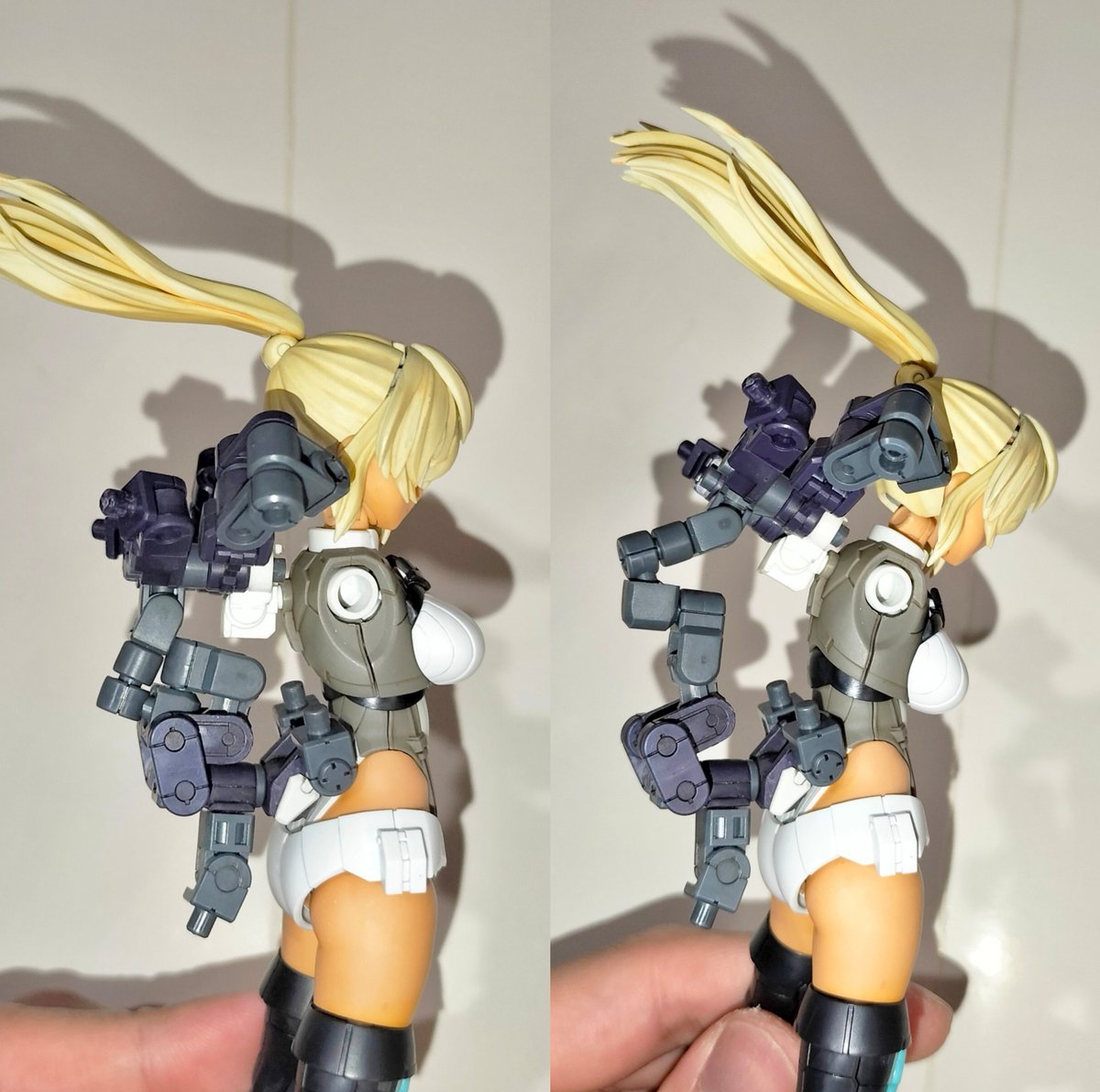 Enyoku2's tweet photo. 今回一番気に入っているのが背部の強化フレーム
大型の装備を背負うと重量が増えてしまうため、可動を確保する方法をずっと考えて、最終的に思いついたのが、背中と腰を多段可動ジョイントでつなぐ支持フレームです
重さをしっかり支えながら、胸部の動きにも合わせて可動できるようにしています https://t.co/Z2mV2jCXc2