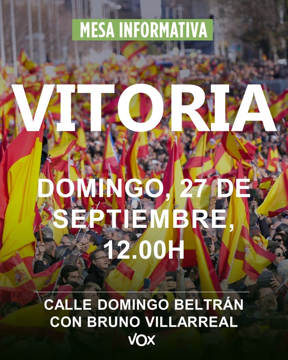 JRGvoxalava's tweet photo. 📢 Este domingo, Mesa Informativa de VOX Álava en Vitoria.

📍 Calle Domingo Beltrán con Bruno Villarreal
🕛 12:00 h
📅 Domingo, 27 de septiembre

Estaremos junto a los vecinos para denunciar la situación de las lonjas okupadas en Vitoria y reclamar soluciones. https://t.co/ESvW36194b