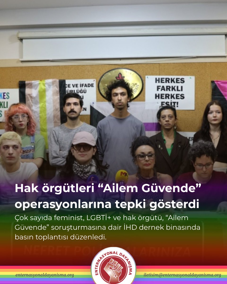 ent_dayanisma's tweet photo. 🏳️‍🌈🏳️‍⚧️ Hak örgütleri “Ailem Güvende” operasyonlarına tepki gösterdi

👉 İHD İstanbul Şubesi’nde düzenlenen basın toplantısında, gözaltı ve tutukluluk süreçlerinde işkence, kötü muamele ve ağır tecrit uygulamalarının kayda geçirilmediği belirtildi

▶️ Devamı: https://t.co/IhvG717IAZ https://t.co/gYZ965sk71