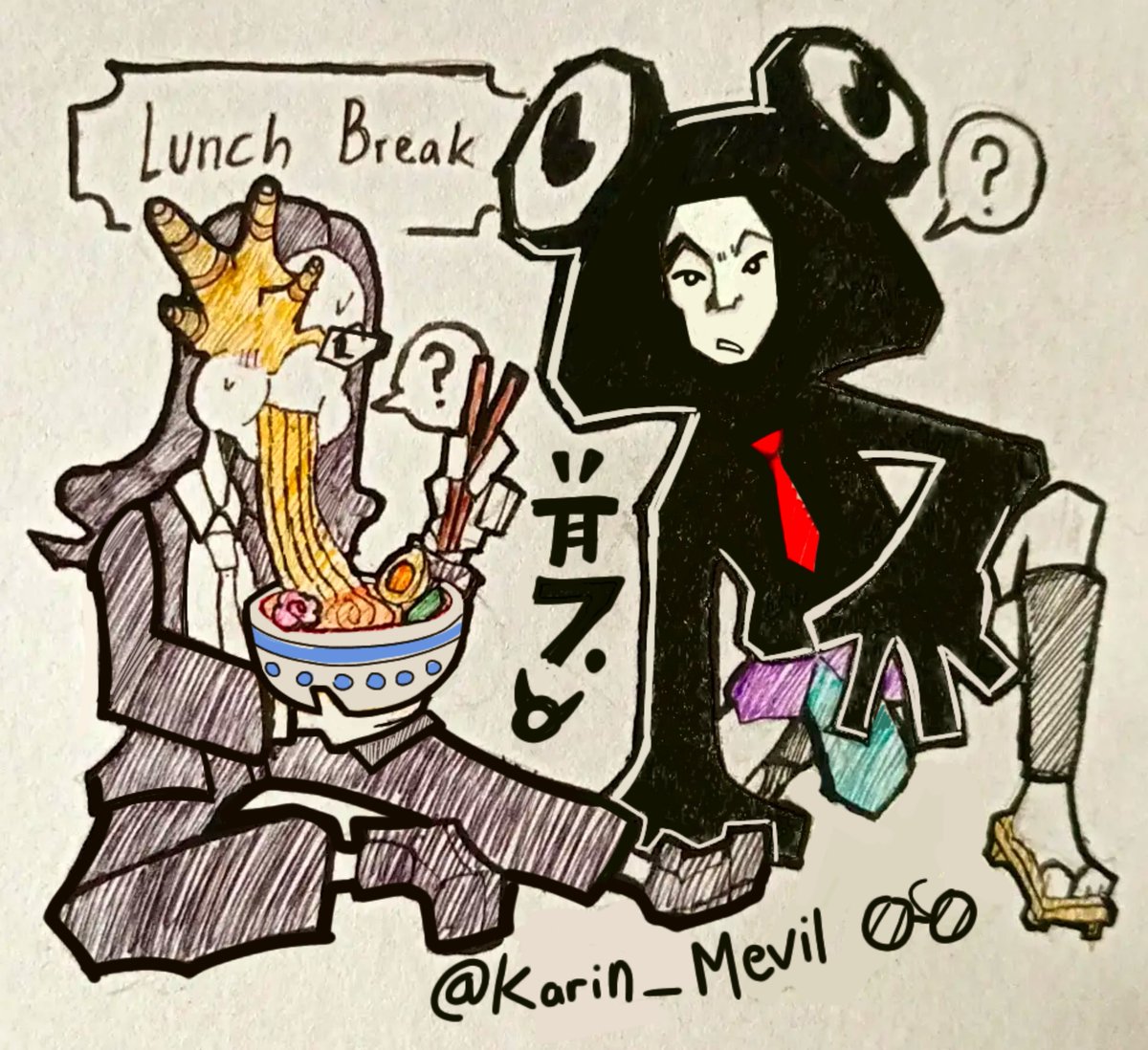 Karin_Mevil's tweet photo. (｀Д´)ノ Quickly quickly! 
Eat up woman, break times almost over! 
#enadreambbqfanart #enadreambbq #coralglasses https://t.co/8fennDtZUd