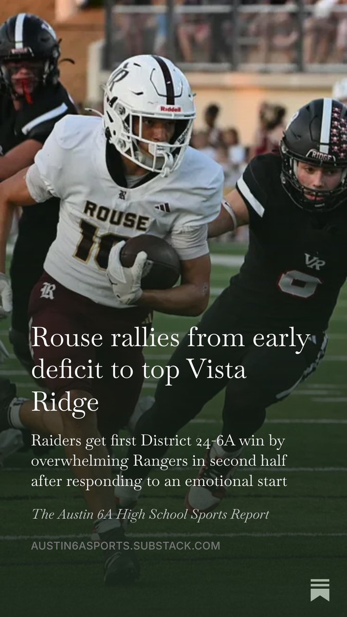 jayplot's tweet photo. The first week of Austin 6A district play is in the books. On Friday, @rousefootball stormed back to top @vrhsfootball and get a key win in both Leander and District 24-6A.

How @AmauriDickson, @AubrynDavis led the way: https://t.co/OIQZw3iWjR https://t.co/QjKuEikywt