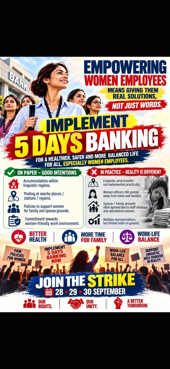 dharmen85966616's tweet photo. It’s time for fair transfers, healthier work-life balance, and 5 Days Banking.
  
​Join the nationwide bank strike on 28, 29 &amp; 30 September.  

​Our Rights. Our Unity. A Better Tomorrow. ✊🏦  
​#5DaysBanking #BankStrike https://t.co/l4psRYXypP