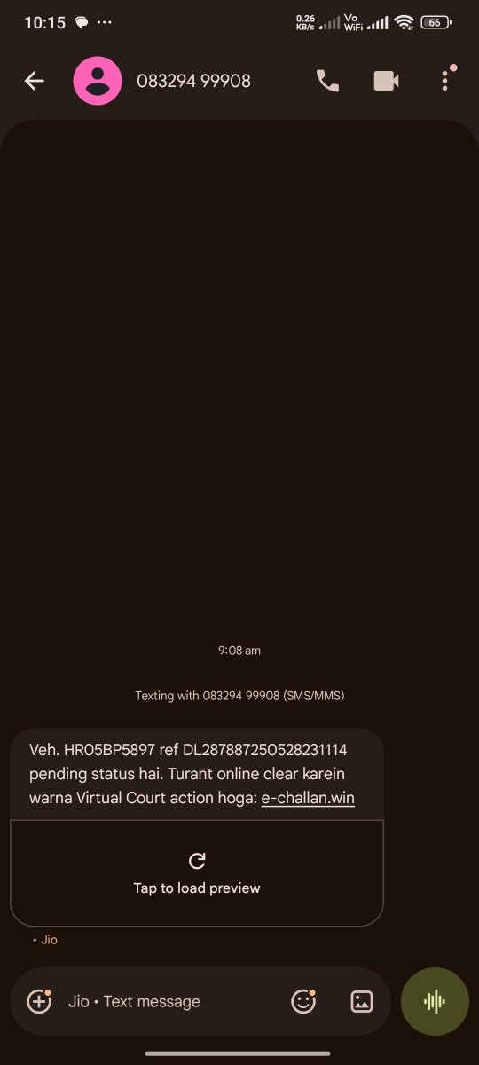 PawanKumar_05's tweet photo. Fraud Alert: I received an SMS from 083294 99908 claiming a pending e-Challan for vehicle HR05BP5897 and threatening Virtual Court action. It directs users to https://t.co/7lFVURxpPE, which appears suspicious. Please investigate the number and website and take appropriate action. https://t.co/ZBXTahLvco