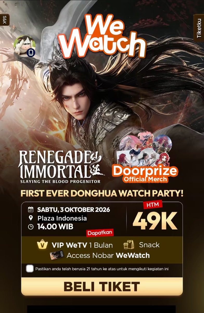 aylmhrn's tweet photo. WeTV Indonesia is hosting a watch party for Renegade Immortal 2nd Theatrical Edition at Plaza Indonesia and fans who participate in this event are also given the chance to win official merchandise https://t.co/tkPlmWQ0It