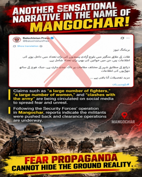 Aqib31166812315's tweet photo. Another Sensational Narrative Around Mangchar!
Claims of “large numbers of fighters” and “heavy clashes” are circulating online. Reports following the Security Forces’ operation indicate the militants were pushed back and clearance operations continued.
#Mangchar #Kalat https://t.co/thtfMKjiJK