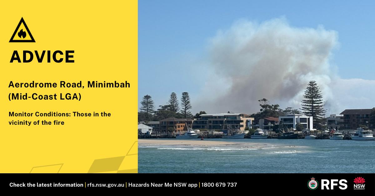NSWRFS's tweet photo. A bush fire burning in the Aerodrome Road, Minimbah area. The fire is at Advice and burning in a SW towards the Coolongolook River. While there is no immediate danger, those in the vicinity of the fire should monitor conditions and stay up to date in case the situation changes. https://t.co/XihXDWNfMS
