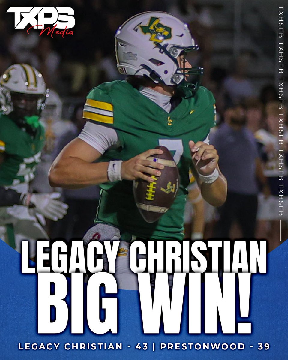 TXPSMedia's tweet photo. LEGACY MAKES A STATEMENT‼️

TAPPS DI #5 Frisco Legacy Christian defeats #4 Prestonwood 43-39 behind a 4th quarter rushing touchdown from ‘28 RB Nolan Gray. 

This is the first victory for Head Coach, Doug Hix’s Eagles over a “big 3” team (Parish, Prestonwood & Liberty) since elevating to TAPPS Division I in 2024. 

The Eagles are here. 

#txhsfb