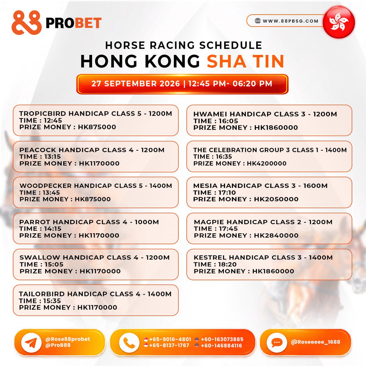88pbupdates's tweet photo. HORSE RACING SCHEDULE & TIPS
27 September 2026 | Sunday
๐ญ๐ฐ Hong Kong Sha Tin
๐ฒ๐พ Malaysia Selangor
โถ๏ธ๐ฃ๐๐๐ฌ ๐ก๐ข๐ช! https://t.co/CzVW6W0NZz
#88prosports #88probett #ProB88 https://t.co/QH64XbotDS