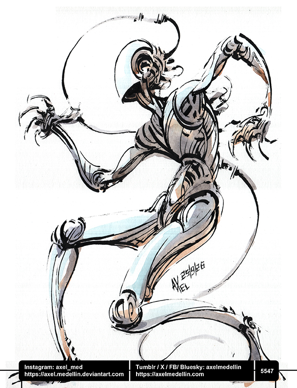 AxelMedellin's tweet photo. #dailydrawing 5547 #dibujodiario #drawingoftheday #calligraphic #robot #sciencefictionart #watercolor #penandink #traditionalart https://t.co/YoQOqEbmTG