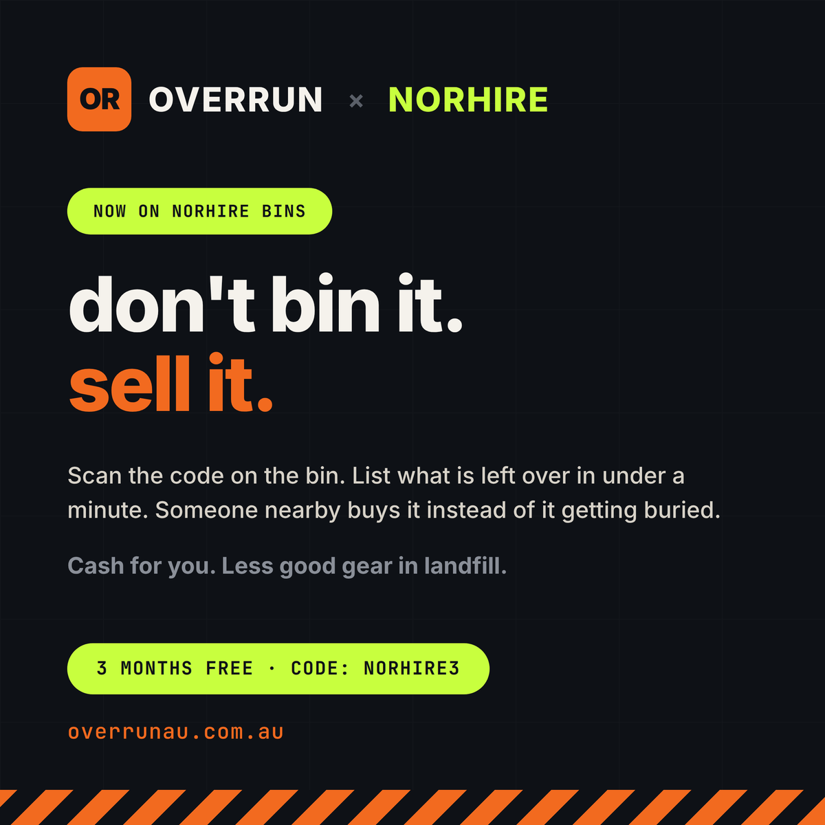 NorhireB's tweet photo. HEY TRADIES - 
WANT DOLLARS BACK IN YOUR POCKET?
All our bins are now going out with the Overrun label.
@Overrunau is an Australian marketplace for surplus
building materials and nothing else.
We have partnered with them to keep as much out of landfill as possible.
#Cairns https://t.co/4NOUIZGlsQ