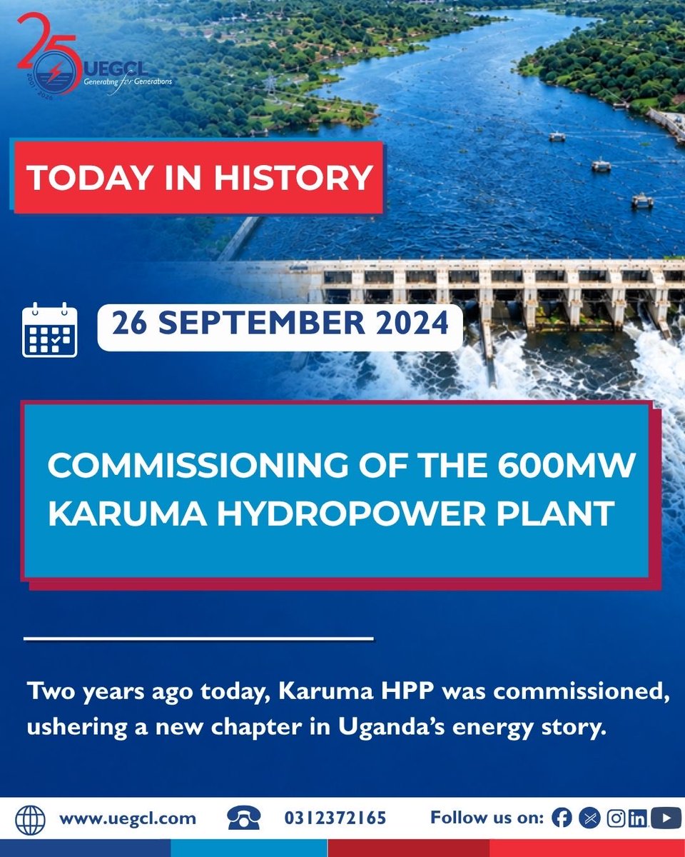UegclOfficial's tweet photo. Today in History | 26 September 2024 ⚡

Two years ago today, the 600 MW Karuma Hydropower Plant was officially commissioned by His Excellency Yoweri Kaguta Museveni, President of the Republic of Uganda, marking a significant milestone in Uganda’s energy journey.

From vision to generation, Karuma stands as a testament to engineering, innovation and progress.

#TodayInHistory #KarumaHPP #UEGCLat25 #GeneratingForGenerations