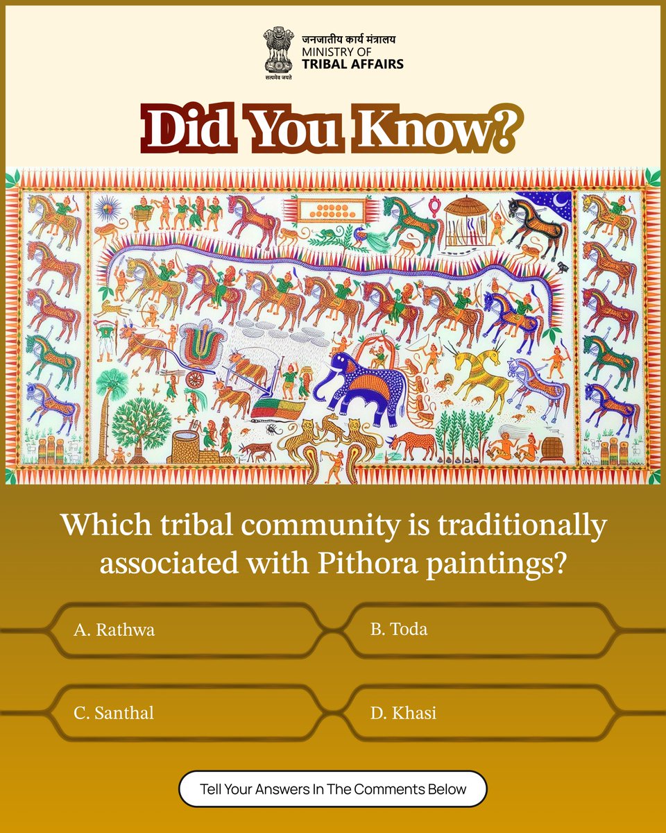 TribalAffairsIn's tweet photo. A tradition rooted in culture, community and storytelling.
Pithora paintings are an important expression of tribal art, carrying generations of cultural memory and artistic heritage.
Think you know the answer?
 
Make your pick and tell us in the comments.
#TribalArt #TribalHeritage #PithoraPaintings #TribalCulture #MinistryOfTribalAffairs