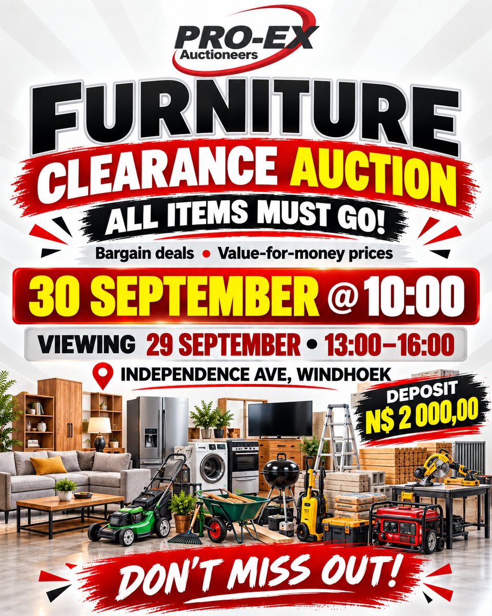 ProExAuctioneer's tweet photo. ‼【ＣＬＥＡＲＡＮＣＥ　ＡＵＣＴＩＯＮ】‼
📢  𝘾𝙡𝙚𝙖𝙧𝙖𝙣𝙘𝙚 𝙁𝙪𝙧𝙣𝙞𝙩𝙪𝙧𝙚 𝘼𝙪𝙘𝙩𝙞𝙤𝙣
👉  𝟹𝟶 𝚂𝙴𝙿𝚃𝙴𝙼𝙱𝙴𝚁 @ 𝟷𝟶:𝟶𝟶
🇳🇦  𝟹𝟷 𝙸𝚗𝚍𝚎𝚙𝚎𝚗𝚍𝚎𝚗𝚌𝚎 𝙰𝚟𝚎𝚗𝚞𝚎 
      𝚆𝚒𝚗𝚍𝚑𝚘𝚎𝚔 https://t.co/YnQypJ5of5