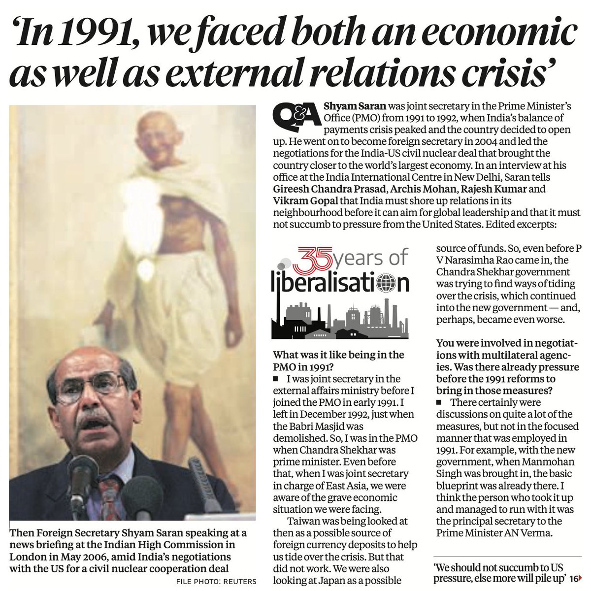 Anuraag_Shukla's tweet photo. The standard account of 1991 usually proceeds through economics. Shyam Saran recollects the geopolitical half of the story. https://t.co/NzlzpyOnMq