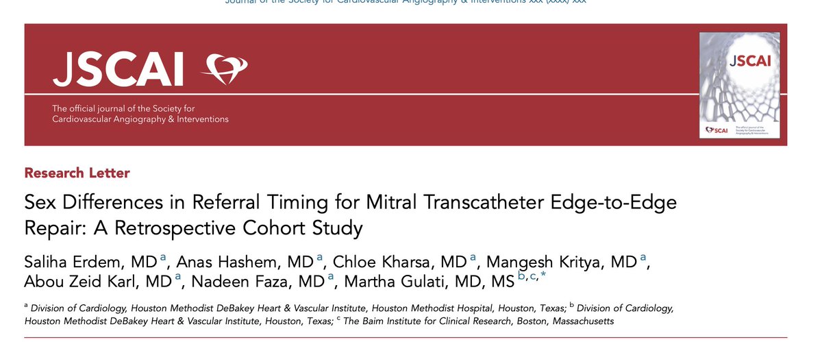 mderdem3's tweet photo. 🫀Excited to share our work, now published in @JSCAI!
❓Do women and men with severe MR experience different delays in reaching the structural heart team?
➡️We looked at referral timing among patients undergoing M-TEER @DeBakeyCVedu  🧵
https://t.co/bddBDycSl4 https://t.co/RygF1T6QTN