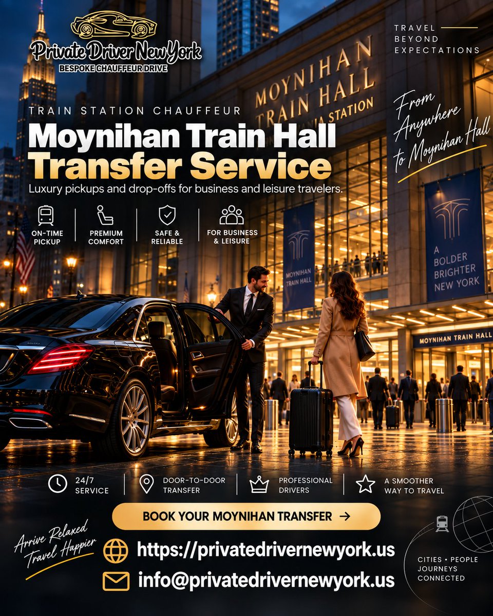 privatedriverNY's tweet photo. Arriving at or departing from Moynihan Train Hall?
Choose Private Driver New York for professional, reliable and comfortable chauffeur-driven transfers.

✓ On-time pickup
✓ Door-to-door service
✓ 24/7 availability

🌐 https://t.co/2BXxTZiBTb
📧 info@privatedrivernewyork.us https://t.co/hdtRX1hcLK